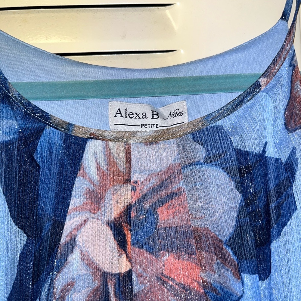Alexa B Nites Blue Floral Mesh Halter Maxi Dress Rhinestone Buckle 12P - Picture 4 of 5